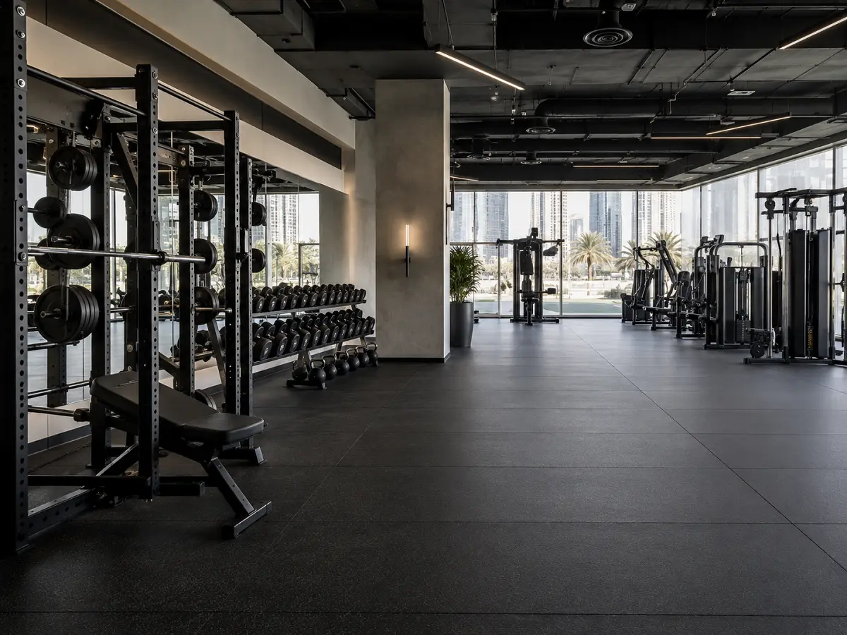 Commercial gym rubber flooring in a UAE fitness facility