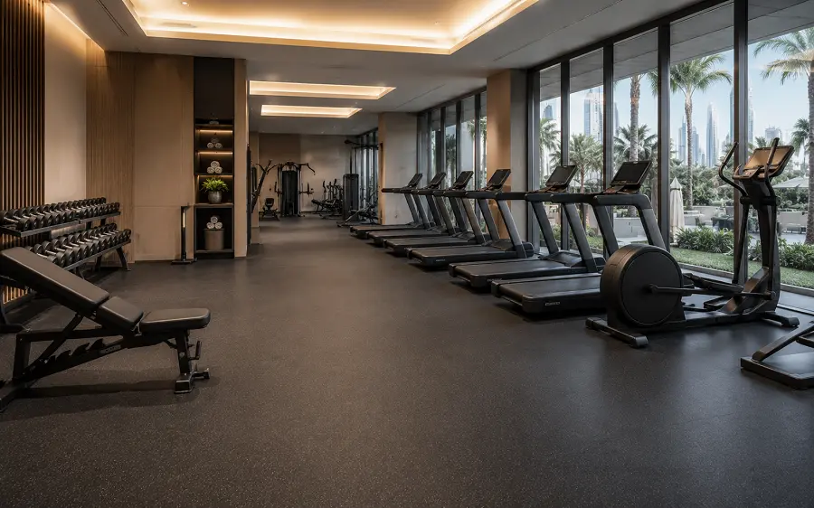 Rubber flooring in a commercial hotel gym in Dubai