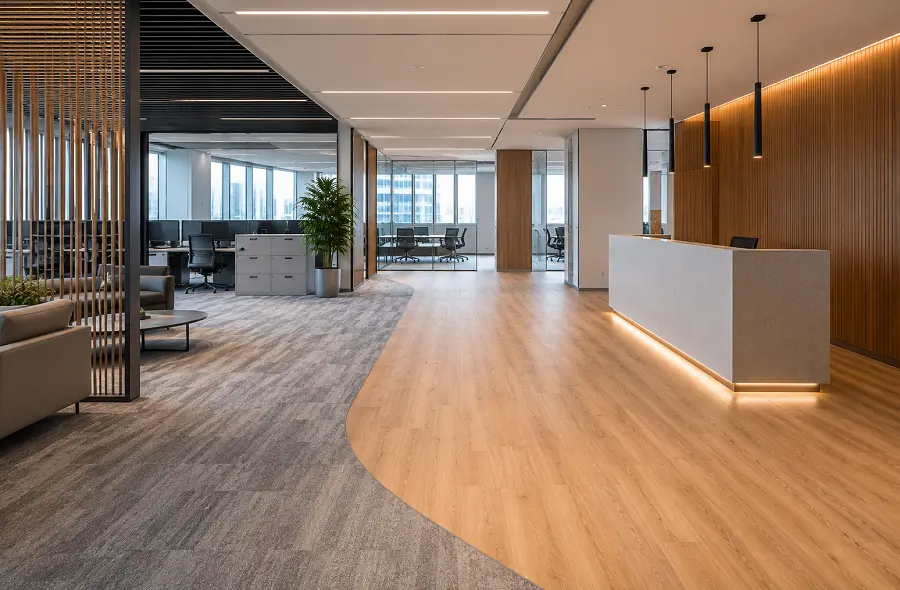 Commercial fit-out flooring across multiple zones in a UAE project