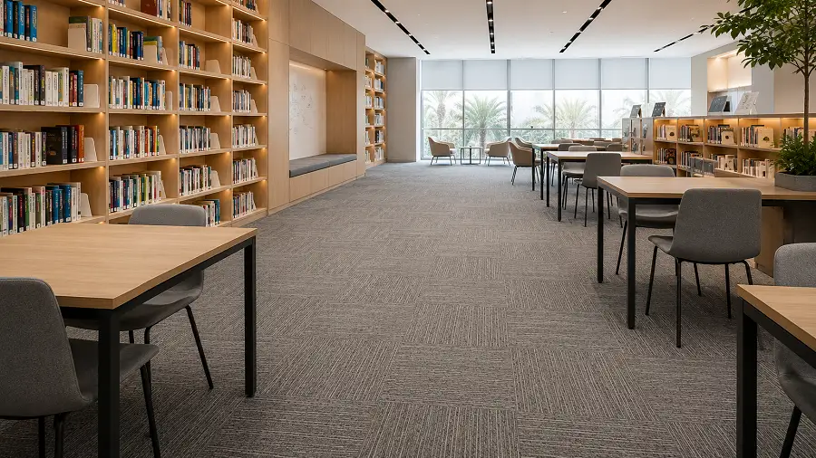 Acoustic carpet tiles in a UAE school library and university administration zone