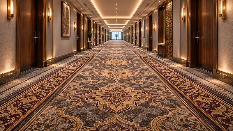 Hospitality broadloom carpet in a UAE hotel guest room corridor and ballroom