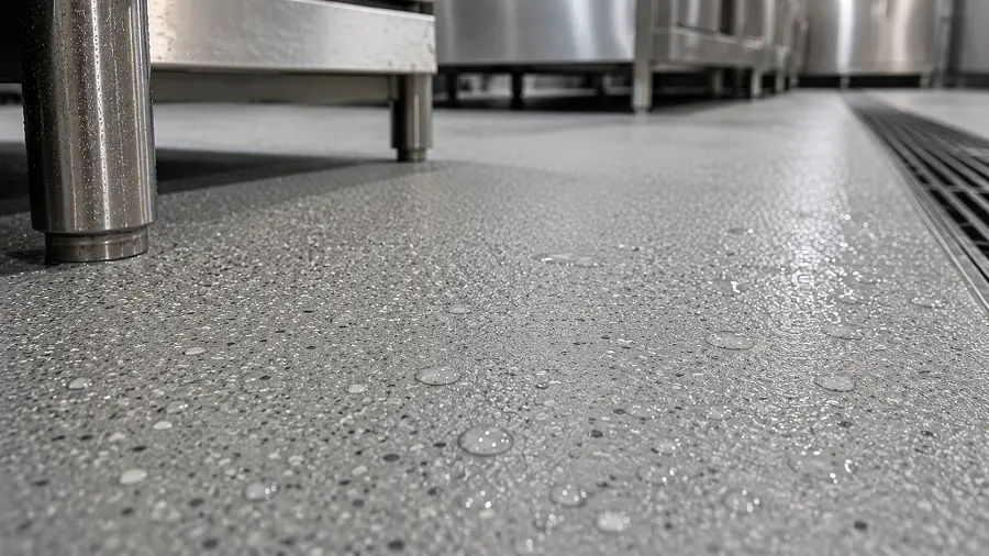 R11 to R13 broadcast aggregate epoxy slip-rated floor in a UAE F&B back-of-house kitchen