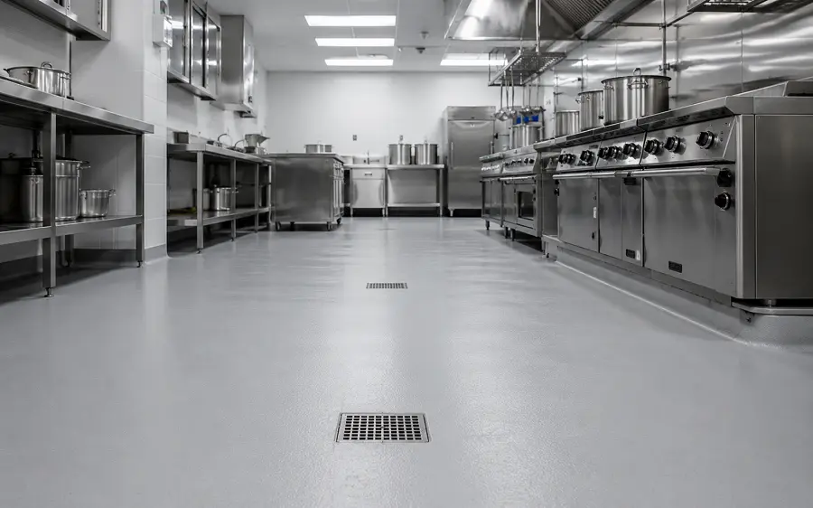 PU concrete polyurethane cement in a UAE hotel commercial kitchen and F&B back-of-house