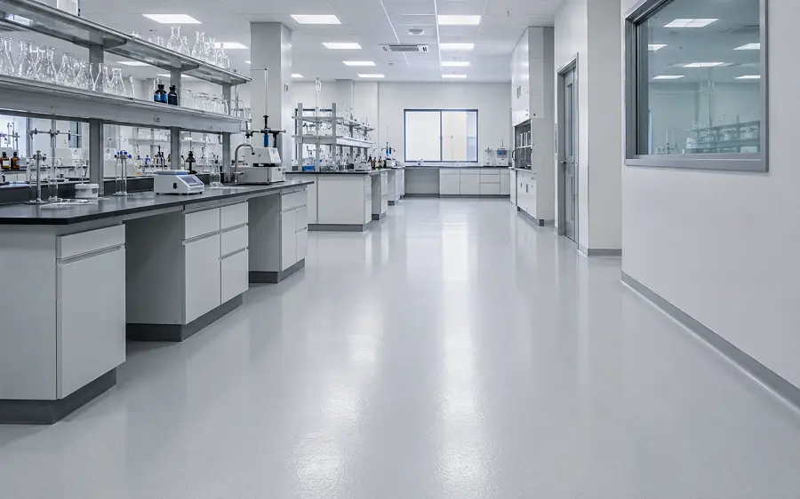Self-levelling epoxy and PU concrete in a UAE healthcare laboratory and pharmaceutical production environment