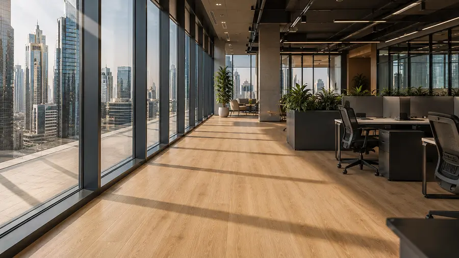 Commercial SPC plank in a UAE glass-walled office subject to thermal cycling