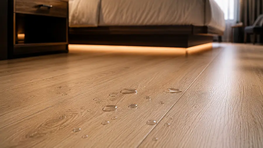 Commercial SPC waterproof stone plastic core with water beading on surface in a UAE hotel guest room