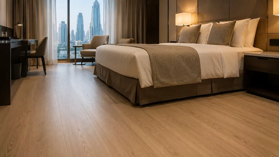 Commercial SPC flooring in a UAE hotel guest room with waterproof core