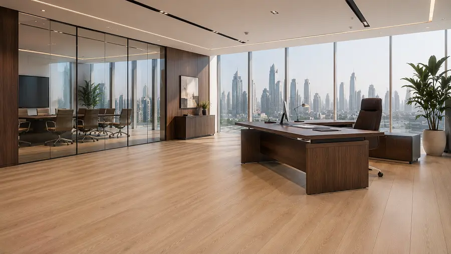 Commercial SPC flooring in a UAE glass-walled office with heavy furniture