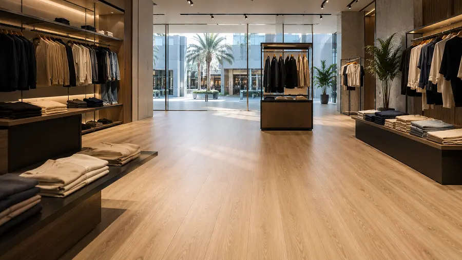 Commercial SPC flooring in a UAE retail mall storefront and fashion store