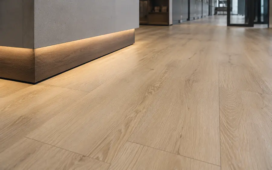 Commercial LVT and LVP flooring with wood-look plank in a UAE office or retail setting