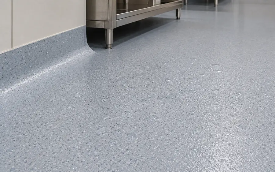 R-rated safety vinyl with aggregate slip-resistant surface in a UAE wet zone or commercial washroom