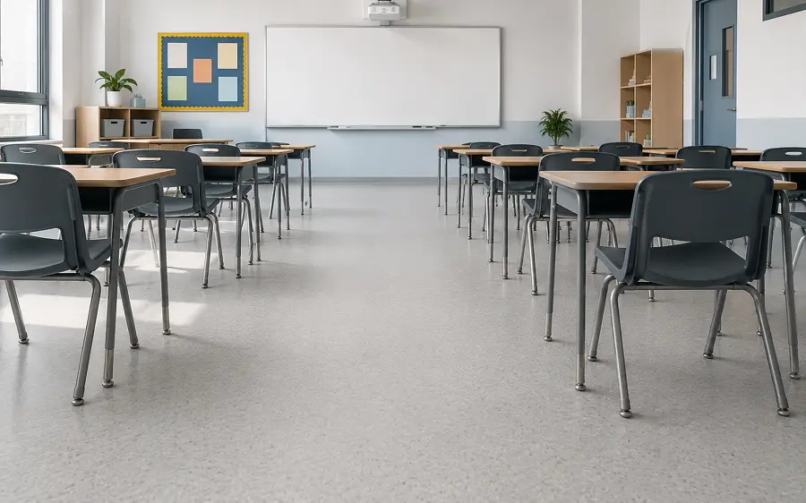 Acoustic-backed heterogeneous sheet vinyl in a UAE school classroom