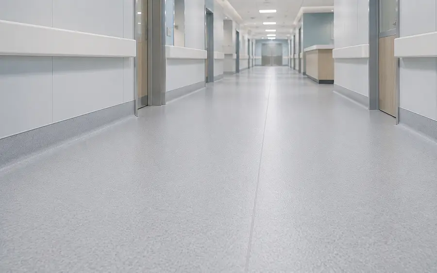 Heat-welded sheet vinyl with flash coving in a UAE hospital clinical zone