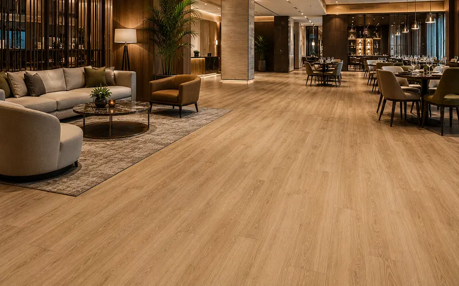 Acoustic-backed LVT in a UAE hotel lobby and restaurant dining zone