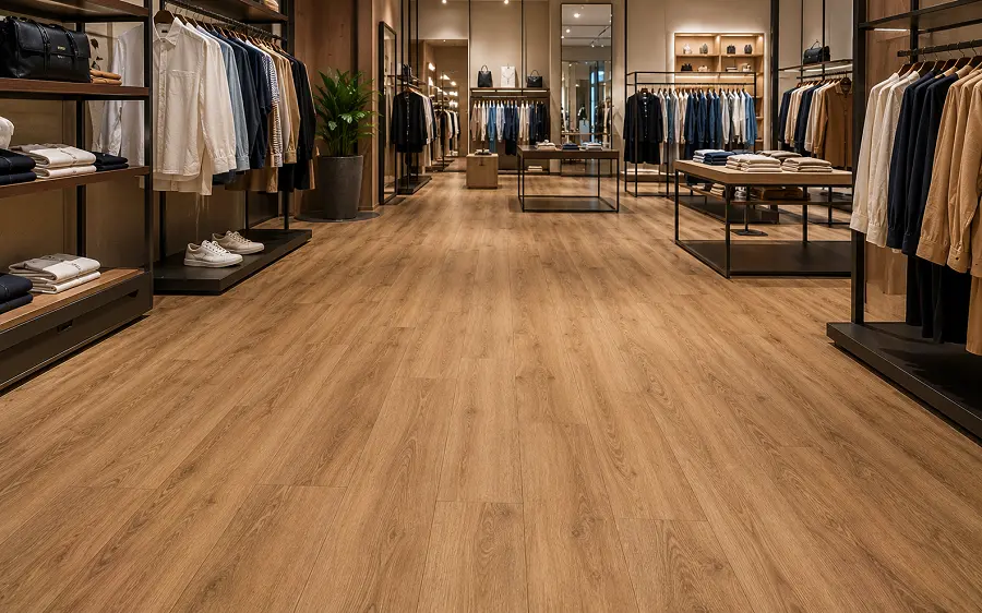 Commercial LVT with branded plank pattern in a UAE fashion store or showroom