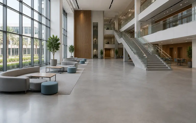 UAE university atrium and lobby flooring with polished concrete and premium LVT
