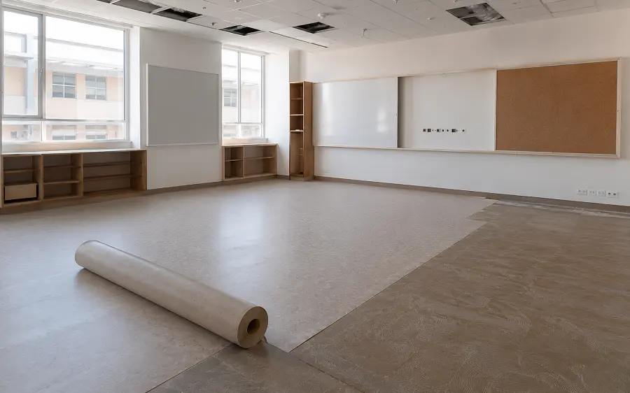 Education fit-out flooring on a UAE school project with acoustic vinyl and carpet tiles