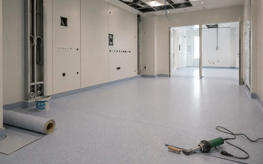Healthcare fit-out flooring on a UAE hospital and clinic project with heat-welded sheet vinyl