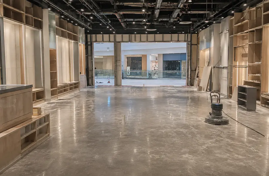 Retail fit-out flooring on a UAE shop and mall project with polished concrete and LVT