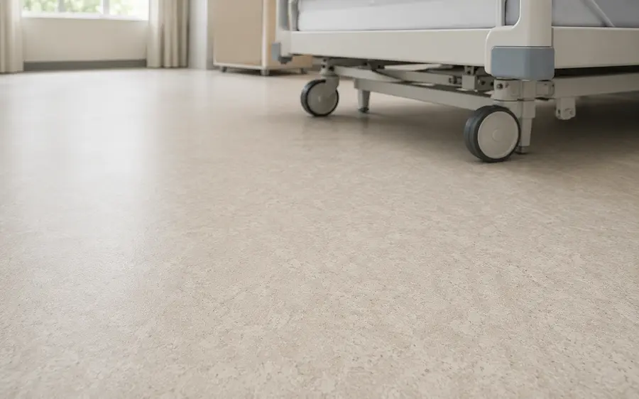 Heterogeneous sheet vinyl flooring in a UAE hospital patient ward