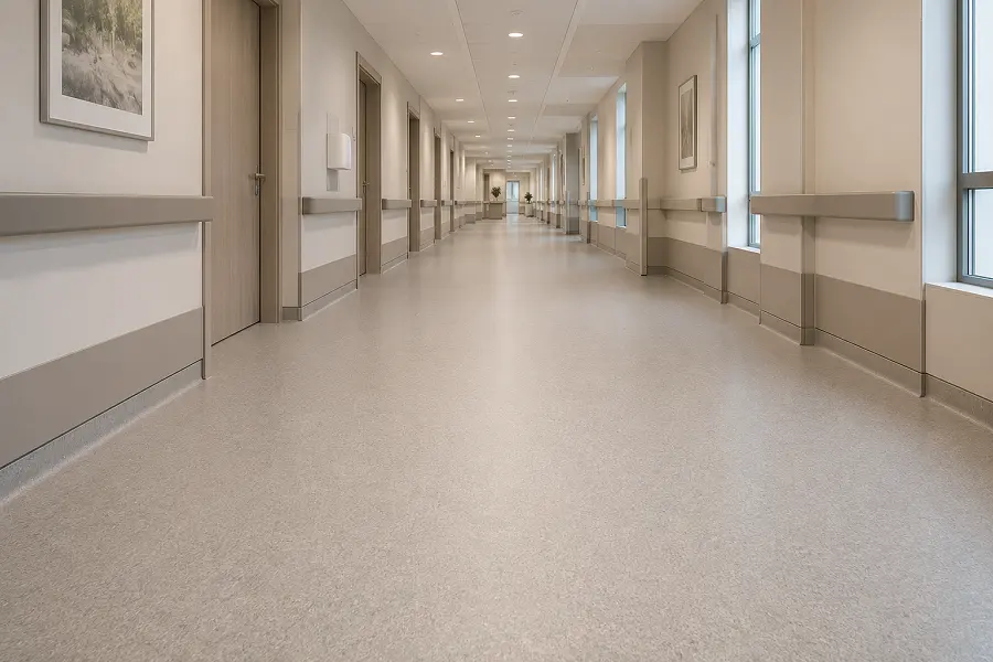 Healthcare corridor flooring with heavy-duty heterogeneous sheet vinyl in a UAE hospital