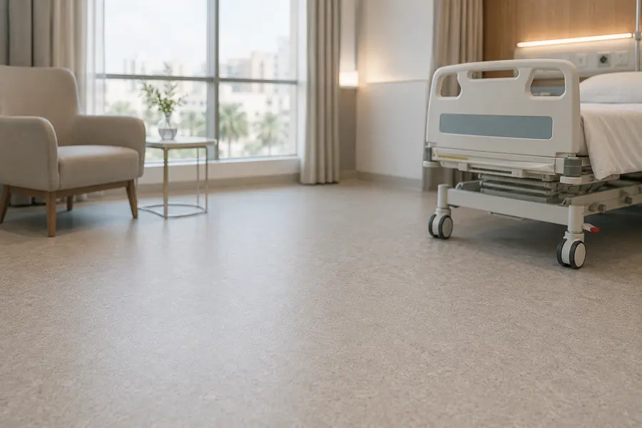 Patient room and ward flooring with acoustic heterogeneous vinyl in a UAE hospital