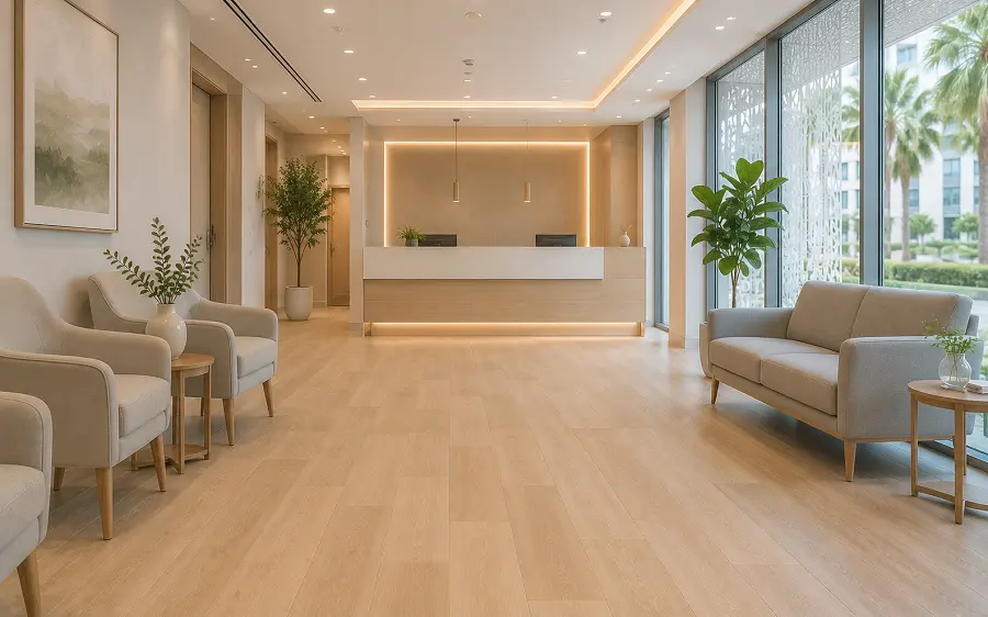 Outpatient reception and waiting area flooring in a UAE healthcare facility