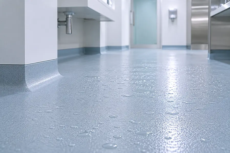 Healthcare wet zone flooring with R11 safety vinyl in a UAE clinic