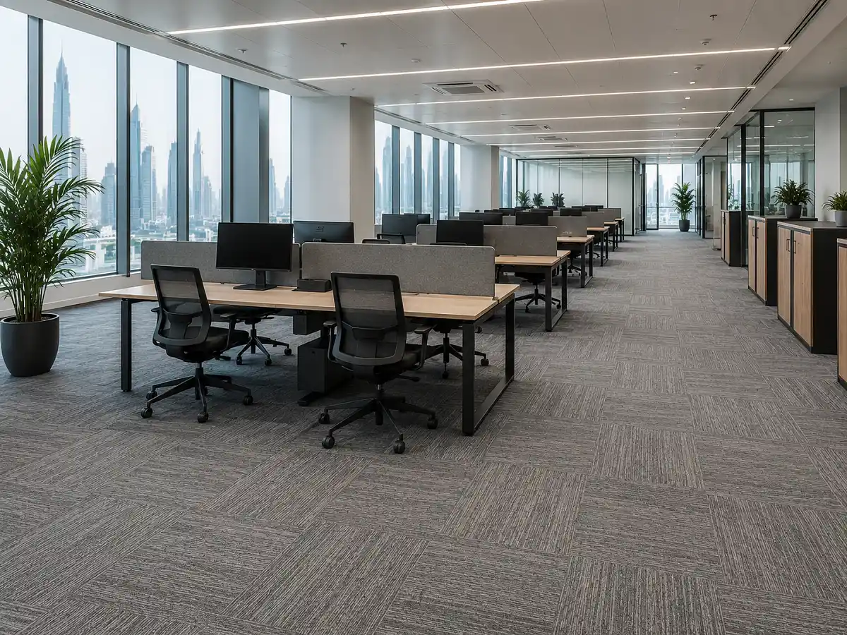 Commercial carpet and tiles in a UAE office workstation or hotel guest room