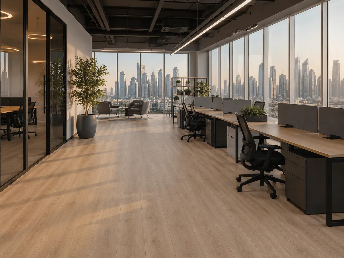 Commercial SPC flooring in a UAE office with rigid core plank construction