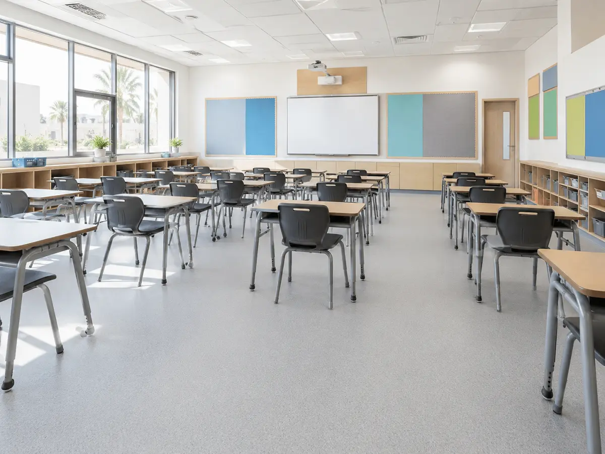 Education flooring in a UAE school classroom with acoustic-backed vinyl