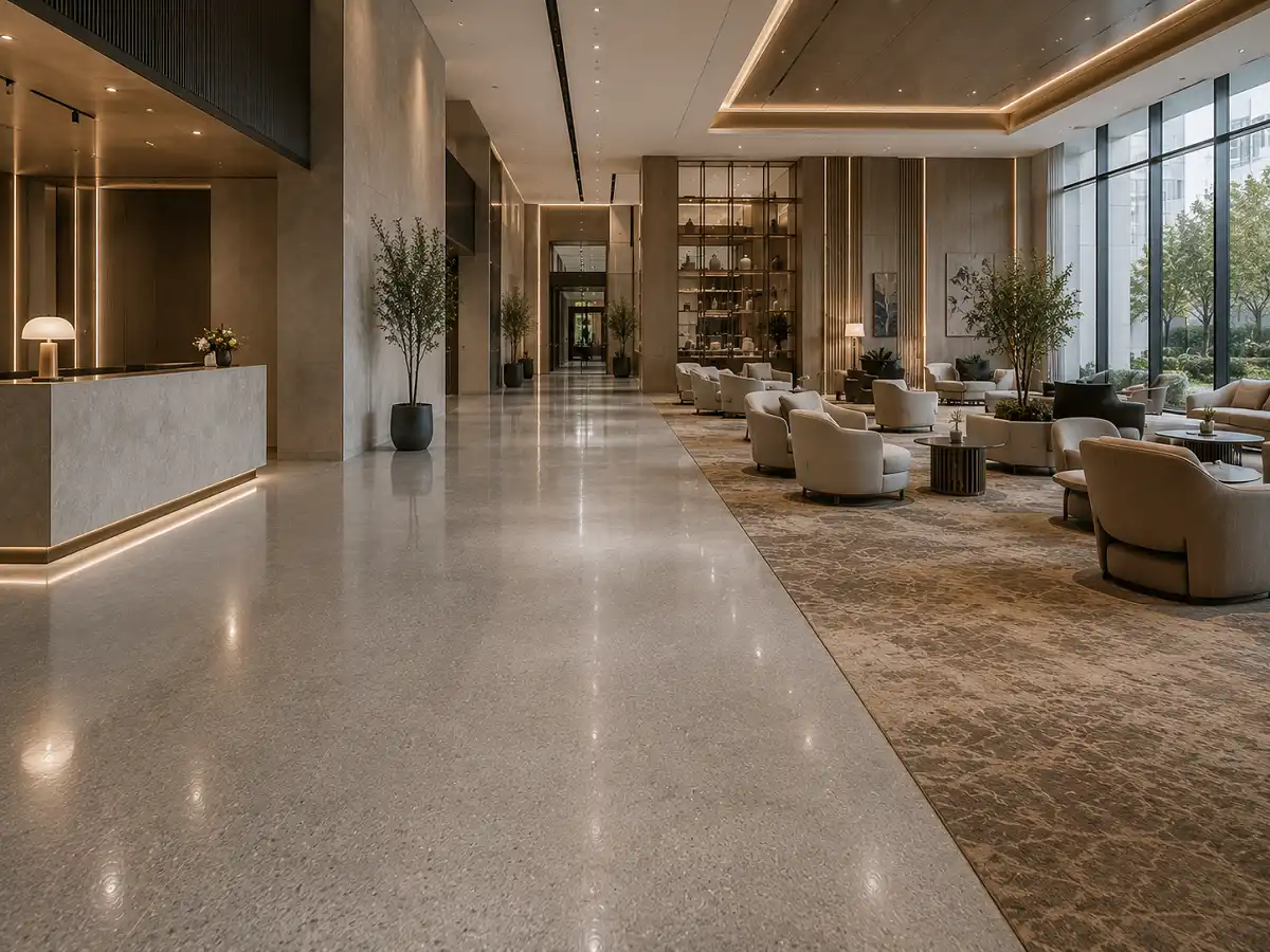 Hospitality flooring in a UAE hotel lobby with mixed materials