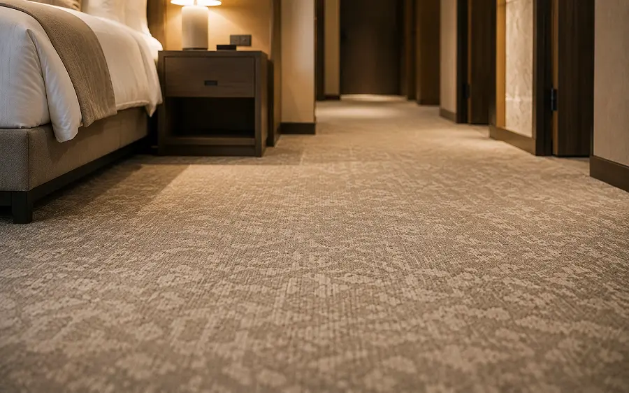 Hospitality-grade broadloom and carpet tiles in a UAE hotel guest room and corridor