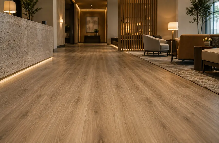Commercial LVT flooring in a UAE hotel lobby and F&B zone