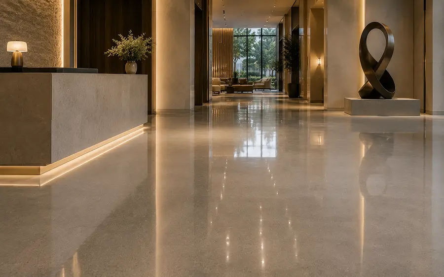 Polished concrete flooring in a UAE hotel lobby and statement entrance