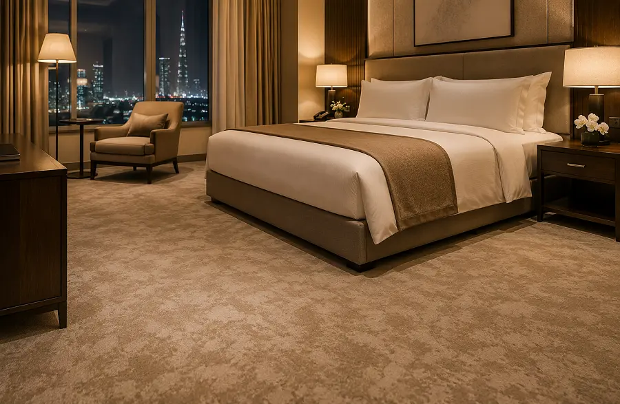 UAE hotel guest room flooring with hospitality-grade broadloom carpet