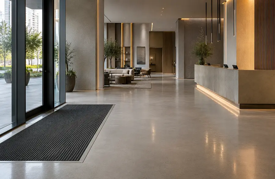 UAE hotel lobby and entrance flooring with polished concrete and entry matting