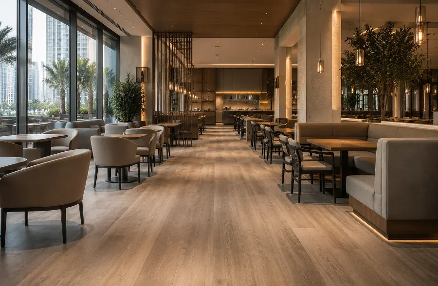 UAE hotel restaurant and F&B flooring with LVT and polished concrete