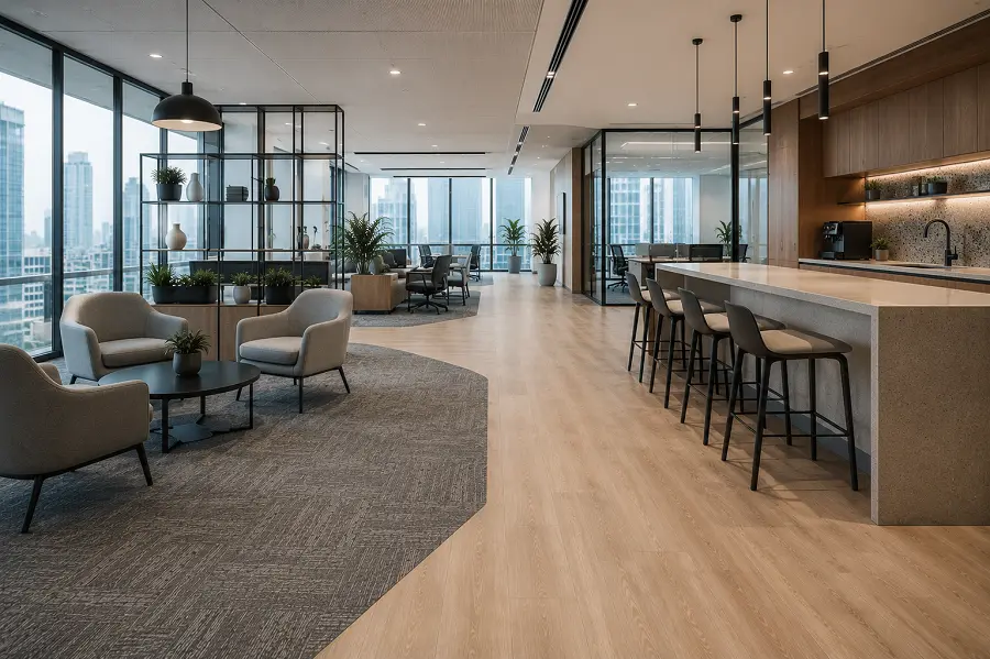 Office breakout pantry and wellness zone flooring in a UAE workplace