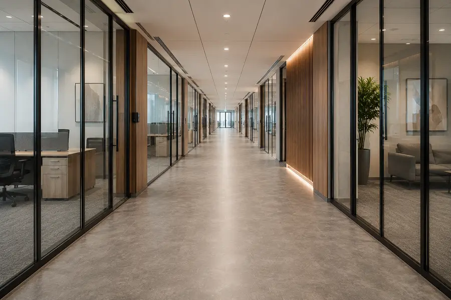 Office corridor and circulation zone with commercial vinyl flooring in UAE