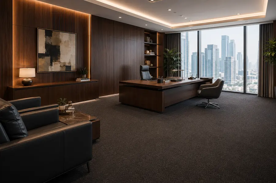 Executive suite flooring with broadloom carpet in a UAE corporate office
