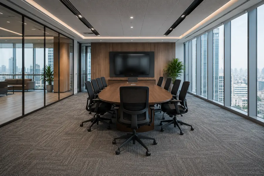 Meeting room and boardroom flooring in a UAE office with carpet and acoustic ceiling