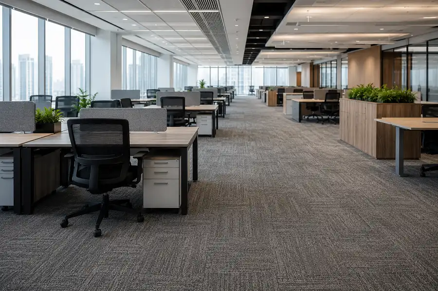 Open-plan workstation zone with commercial carpet tiles in a UAE office