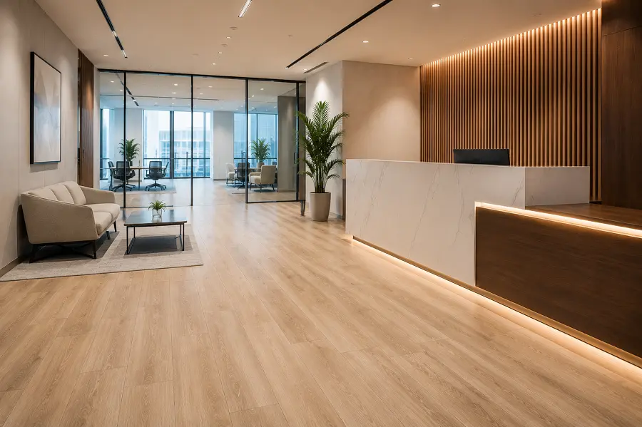 Reception and lobby zone with LVT flooring in a UAE corporate office
