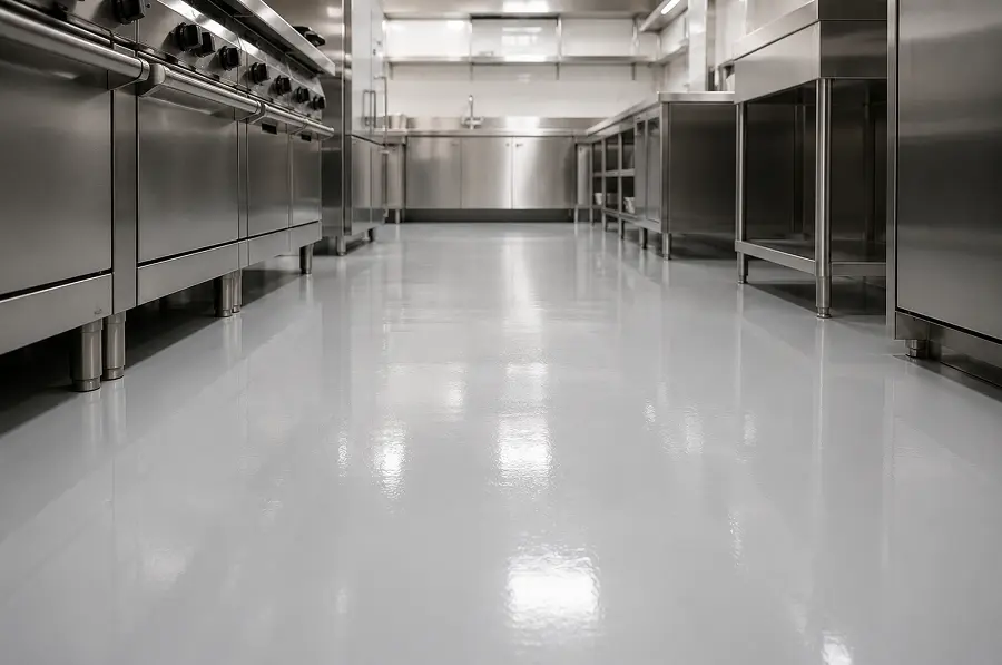 Seamless epoxy resin flooring in a UAE F&B retail commercial kitchen