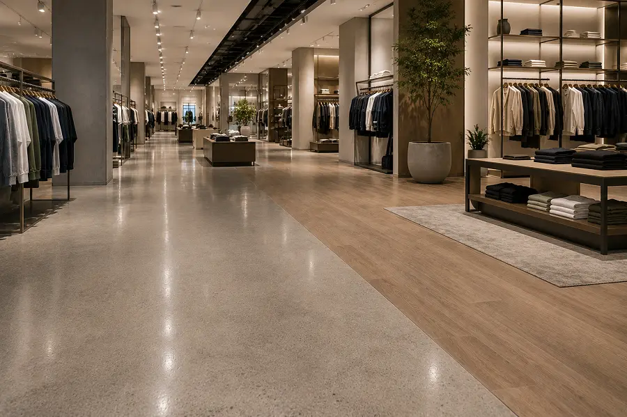 Fashion anchor store and department store retail flooring with mixed materials in a UAE mall