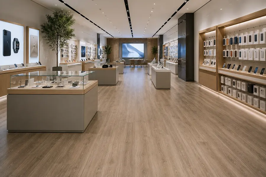 Electronics phone and tech retail flooring with durable LVT in a UAE store