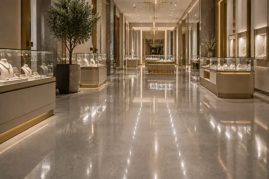Jewellery and luxury retail flooring with high-polish concrete and premium LVT in a UAE store
