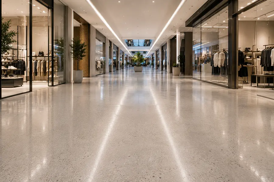 Shopping mall corridor and common-area flooring with polished concrete in a UAE mall