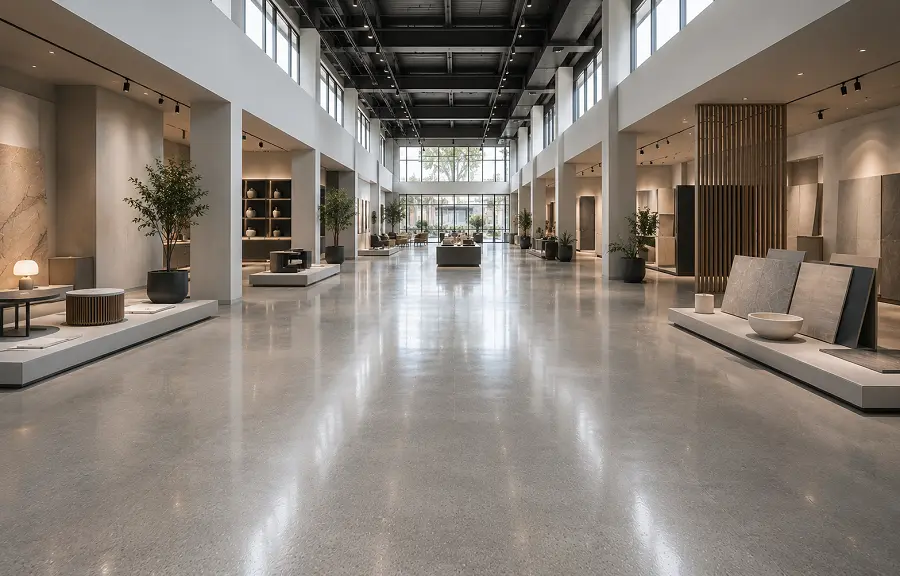 Automotive furniture and lifestyle showroom flooring with polished concrete in a UAE showroom